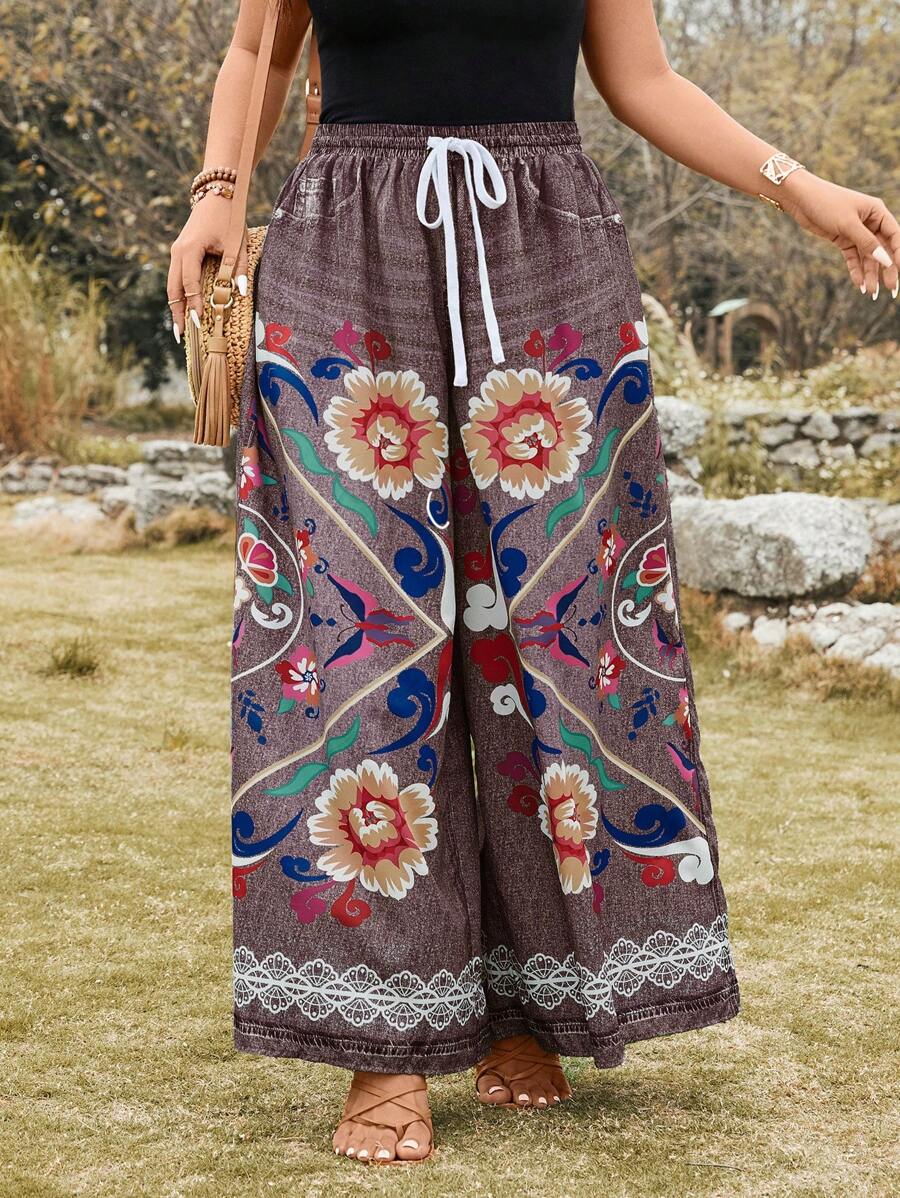 SHEIN LUNE Plus Size Floral Printed Wide Leg Pants Country Concert Graduation Summer Brunch Mother's Day Church - Brown - View 1