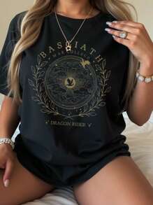 INAWLY Plus Size Women's Summer Slogan And Plant Printed Round Neck Short Sleeve Casual T-Shirt Graphic Tees Women Tops - Black - View 1