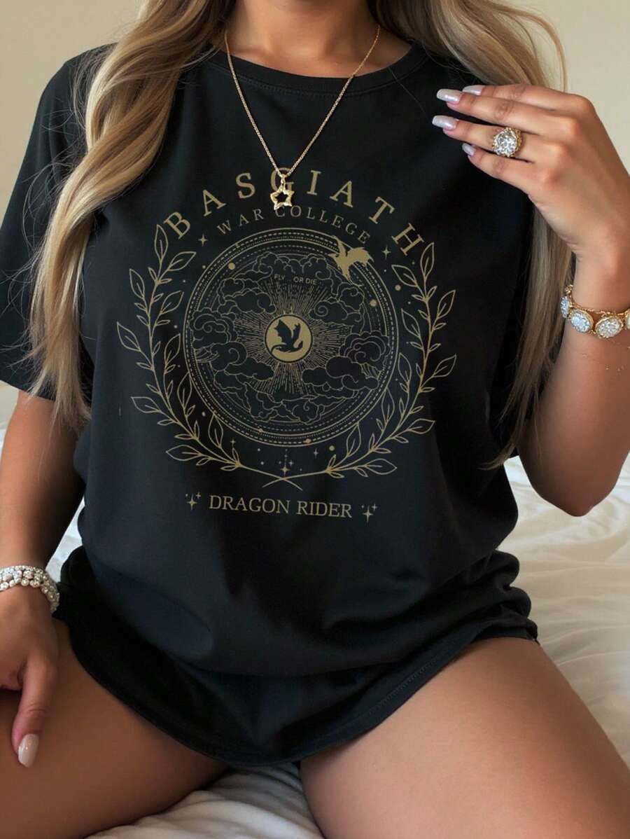 INAWLY Plus Size Women's Summer Slogan And Plant Printed Round Neck Short Sleeve Casual T-Shirt Graphic Tees Women Tops - Black - View 1