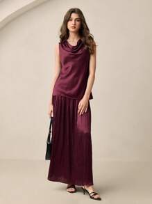 BizChic Burgundy Summer Elegant Women Dining Blouse & Skirt Set,2025 New Business Casual Vacation Outfit,Wedding Guest Country Music Festival 90s Retro Style - Burgundy - View 2
