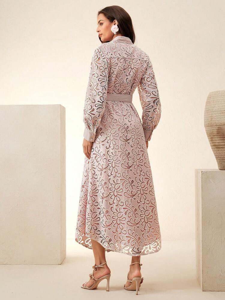 Elegant Embroidery Hollow-Out Striped Colorblock Lapel Dress For Women, Spring/Summer