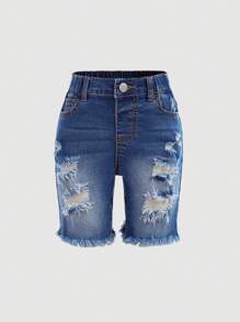 SHEIN Young Girl' Blue Elastic Skinny Ripped Denim Shorts, Spring And Summer Casual Vacation Country Boho Wear