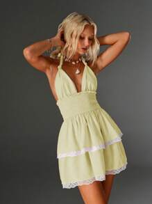 SHEIN Unity Women's Vacation Drawstring Waist Sexy Mini Halter Dress - Light Yellow - View 4