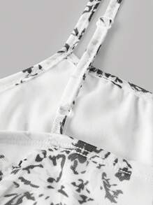 SHEIN Girlism 青少年女孩花卉印花网眼双层高弹性褶饰修身吊带背心休闲迷你连衣裙 - 黑與白 - 查看 3