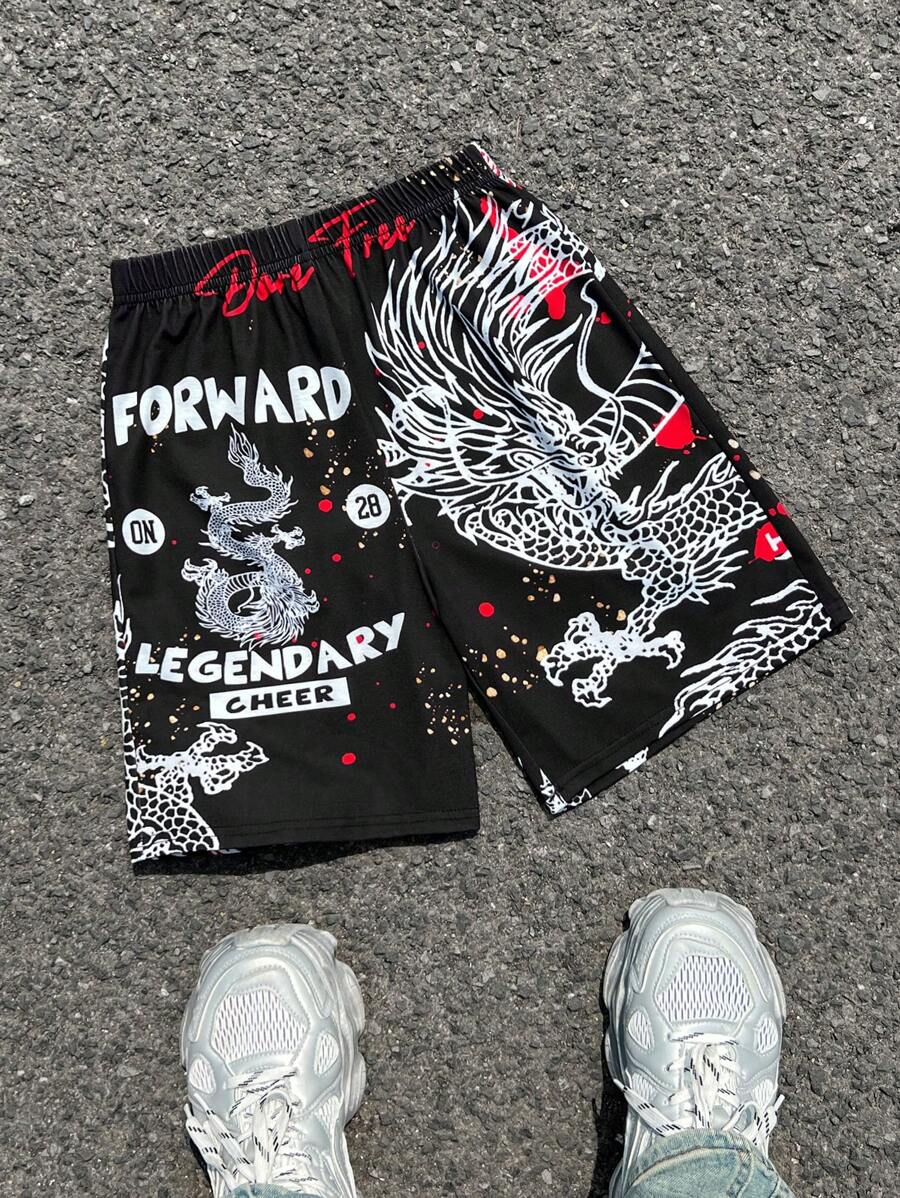 青少年男孩休闲舒适百搭短裤，带有龙印花图案，适合通勤、上学、日常休闲、户外活动、运动、街头时尚