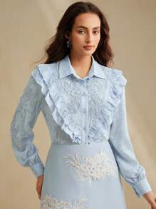 Anewsta Women's Long Sleeve Blouse With Embellished Beads, Sequins, And Ruffle Design - Blue - View 4
