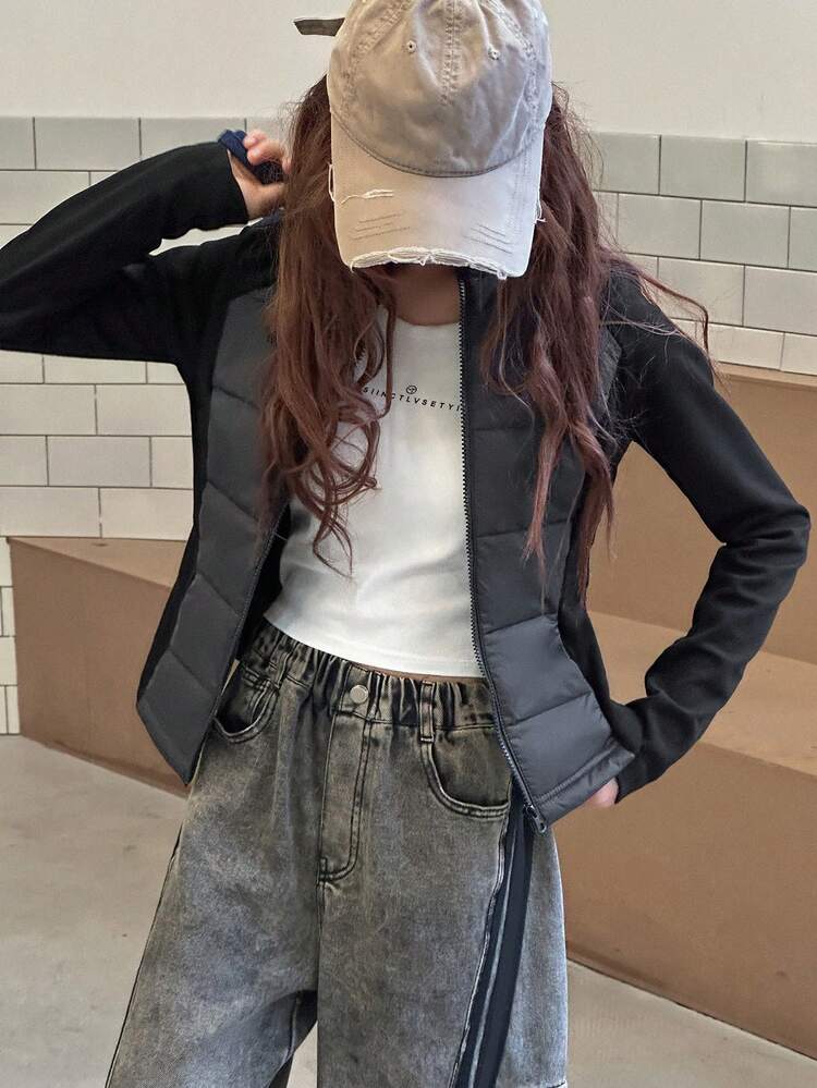 Teen Girl Casual Slim Fit Solid Color Padded Coat, Autumn/Winter, Korean Style