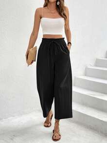 SHEIN Frenchy Quần dài thoải mái, rộng rãi, có dây rút, cạp chun cho nữ vào mùa hè - màu đen - Xem 3