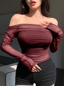 DAZY 女式弹力网眼透视露肩上衣，春夏长袖女式上衣