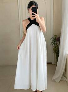 DAZY Women's Sleeveless Color Block Casual Loose Mid-Calf Dress - White - View 5