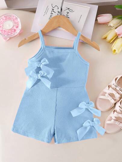 SHEIN Babyflickor Casual Ärmlös Elastiskt Ribbat Tyg Kort Jumpsuit Med Rosettdekoration, Rosa Romper För Sommar Vardagskläder