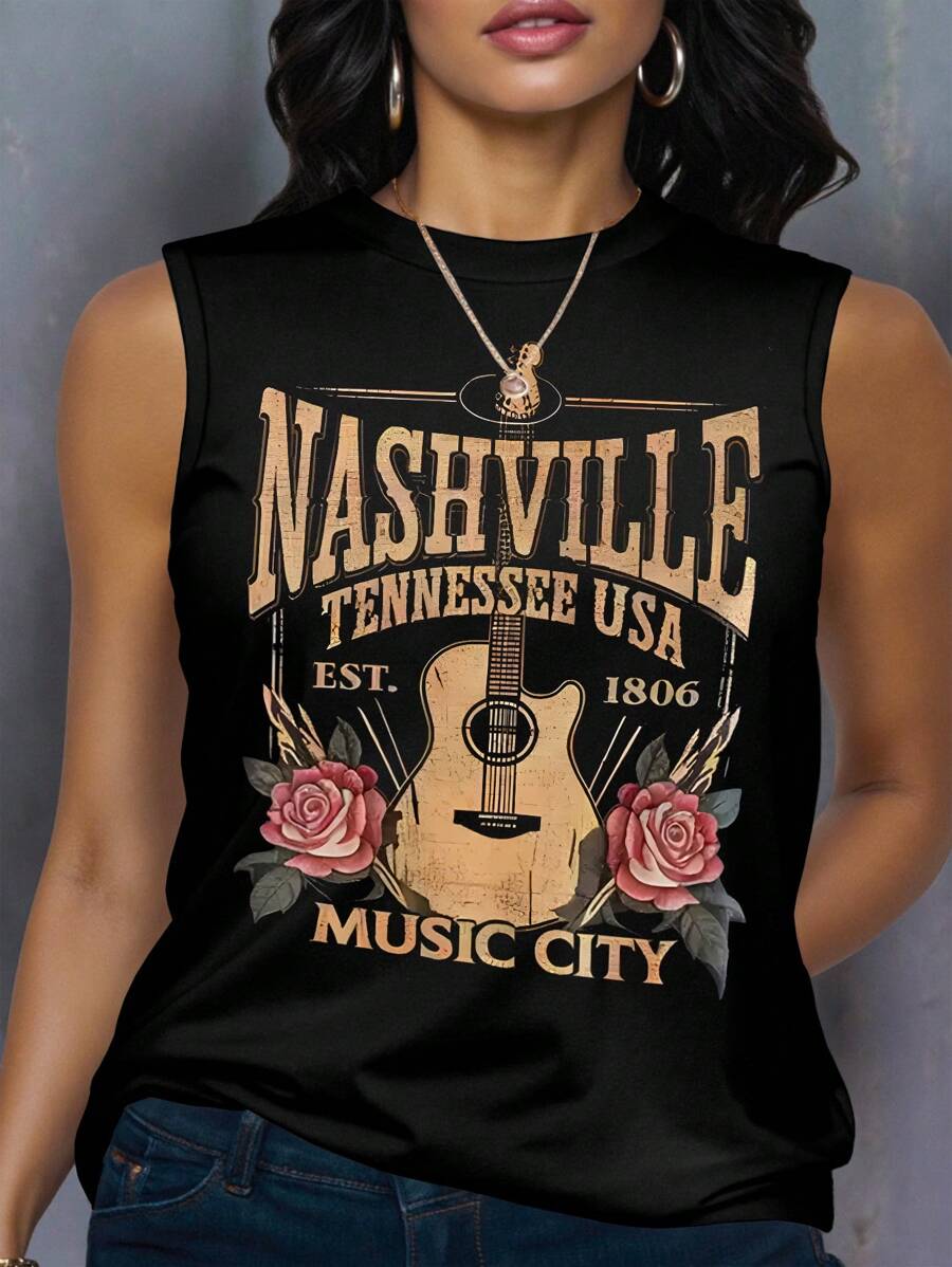 SHEIN LUNE 大码女式字母花卉印花圆领休闲背心 - 黑色 - 查看 1