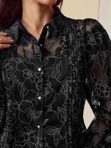 ZEYLAH Elegant Floral Print Puff Sleeve Sheer Blouse - Black - View 2