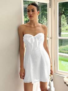 Rafferiza 时尚性感提花露肩收腰复古法式蝴蝶结装饰女式连衣裙 - 白色 - 查看 4