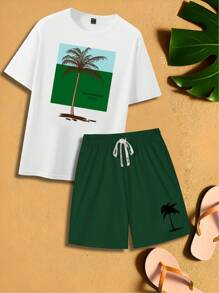 Genlund 2 件套男士休闲日常装圆领短袖 T 恤和短裤套装，舒适服装 - 彩色 - 查看 2