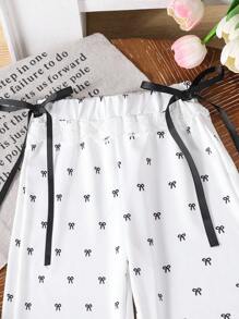 Young Girl Casual Bow Print Drawstring Sweatpants Fall Winter - White - View 3