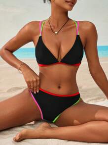Swim SPRTY 2pcs Women's Colorful Strap Bikini Top & Bottoms Swimwear Set For Summer Beach Vacation - Multicolor - View 1