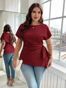 Reflora 1 件大码女式纯色蝙蝠袖系带侧结休闲衬衫，夏季