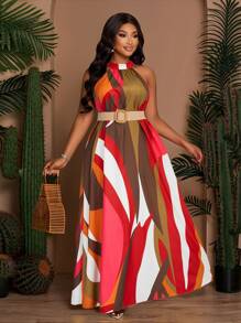 SOLERSUN Plus Size Women's Spring And Summer Loose Casual Printed Sleeveless Back Neck Tie Drawstring A-Line Dress, Summer Dress, Beach Vacation Long Dress (With Side Pockets) - Orange - View 4