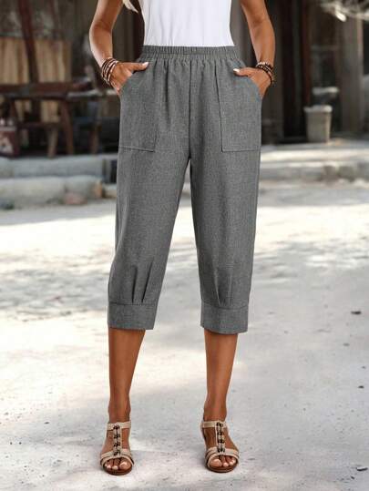 EMERY ROSE Women's Solid Color Elastic Waist Pleated Casual Pocket Capri Pants Capris For Women Pants For Women Summer Pants