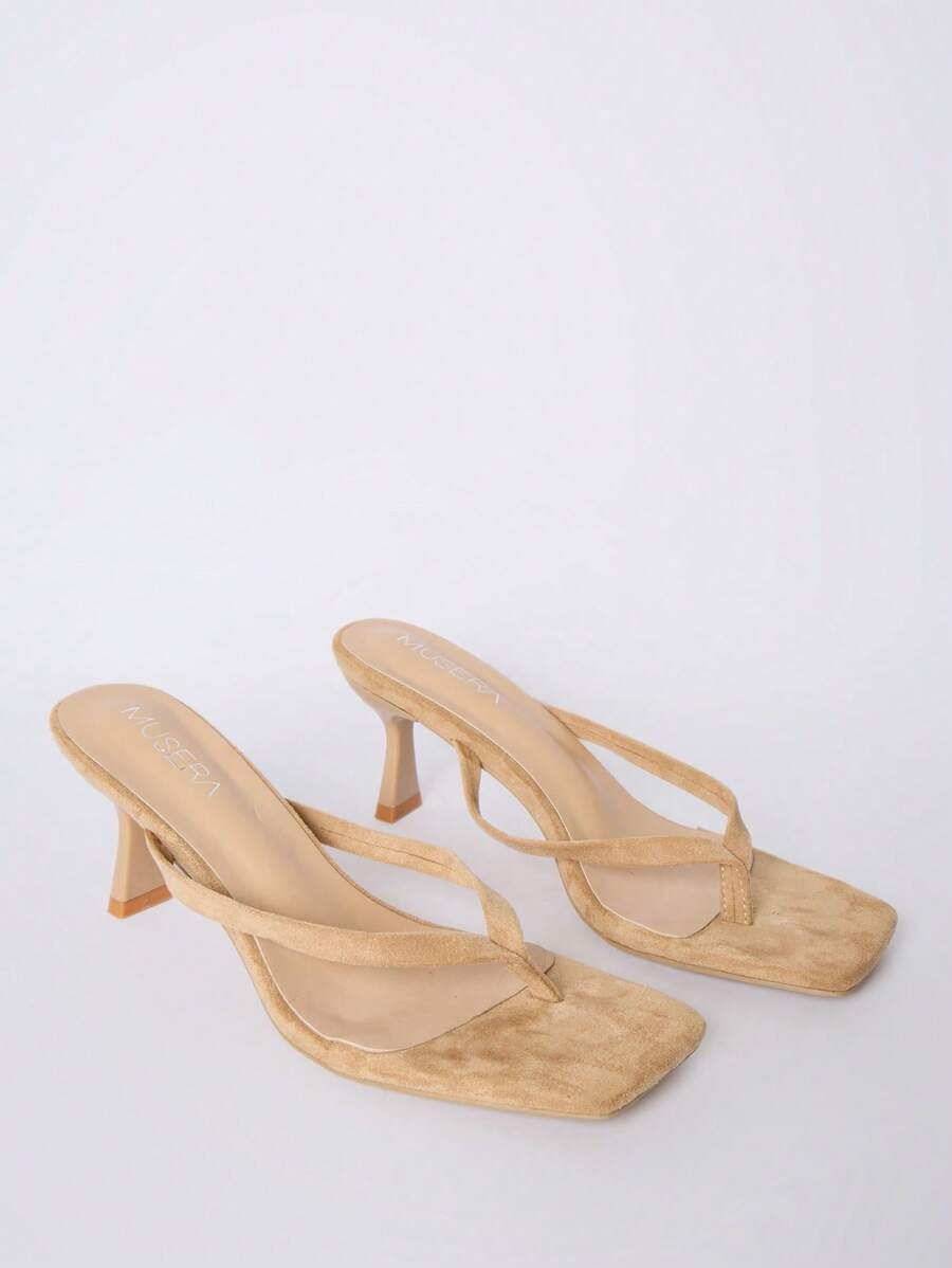 MUSERA Faux Suede Square Toe Thong Front Heeled Mules Sandal For Summer Fall Autumn - Apricot - View 1