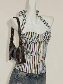 SHEIN ICON Striped Backless Halter Neck Top, Summer - Multicolor - View 3