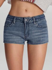 ROMWE Grunge Punk 加州女孩性感水钻翼形刺绣超低腰牛仔迷你短裤 - 藍色 - 查看 5