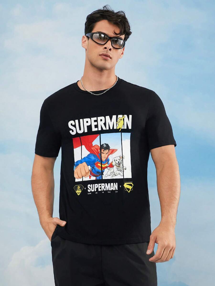 SUPERMAN 2025 男士休闲街头卡通英雄与字母图案黑色短袖 T 恤，夏季图案 T 恤男士图案 T 恤男士黑色图案 T 恤