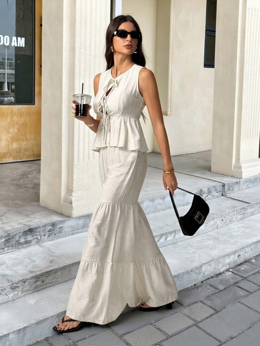 SHEIN Tall Women's Casual Apricot Two-Piece Set Sleeveless Round Neck Textured Top And Long Tiered Skirt Co-Ord - Apricot - View 1