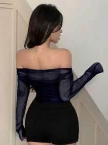 DAZY Blusa de malla elástica transparente con hombros descubiertos para mujer, para primavera/verano, ropa de vuelta al colegio, blusas de manga larga para mujer para salir - Azul Marino - Ver 2