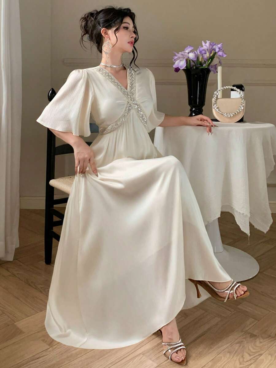 DAZY Women's Summer Elegant Beaded & Sequin Patchwork Short Sleeve Long Textured Fabric Cinched Waist Casual Vacation Boho Dress