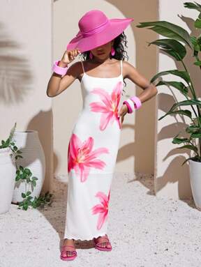 SHEIN Tween Girl Comfortable & Casual Floral Print Cami Snug Fit Mini Dress, Minimalist Style