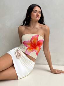 Aloruh 女士休闲粉色百合印花抹胸上衣，适合夏季、海滩、音乐节等场合，休闲舒适，是度假、春季海滩上衣的理想之选。 - 彩色 - 查看 4