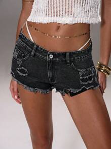 TRNVIE Casual Distressed Low-Waist Denim Shorts - Black - View 7