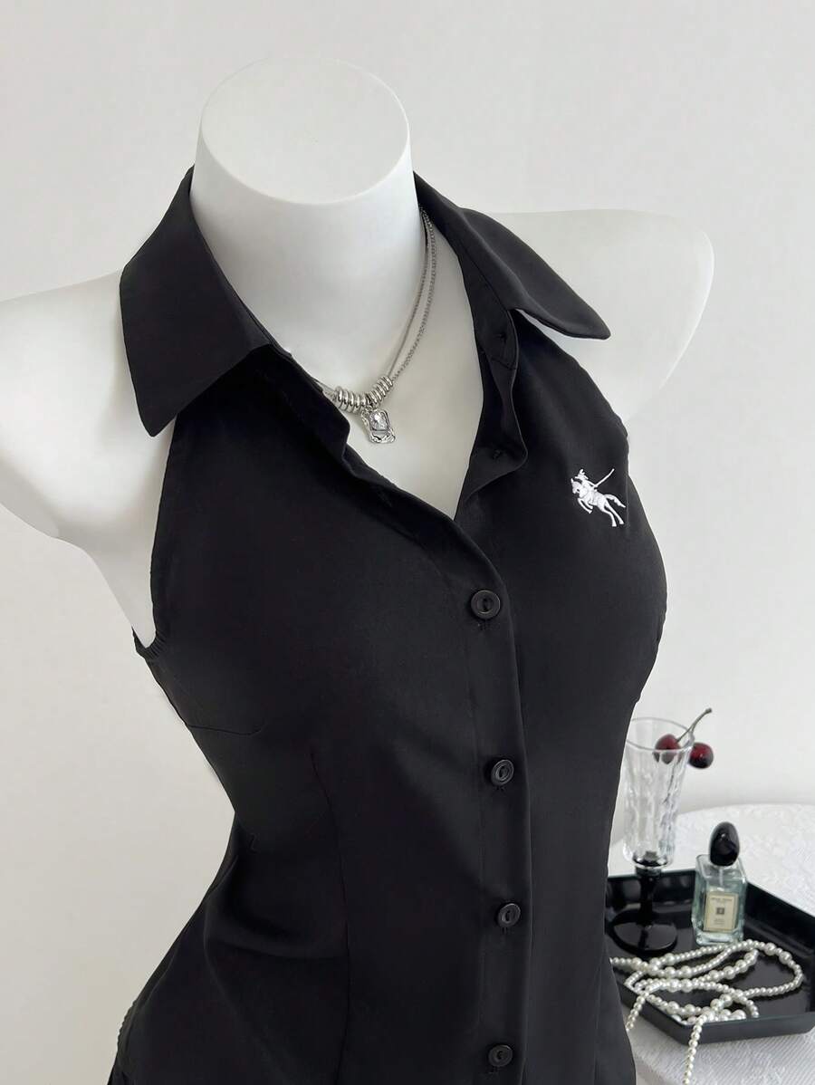 Elamini 白色无袖刺绣修身衬衫，春夏 - 黑色 - 查看 1