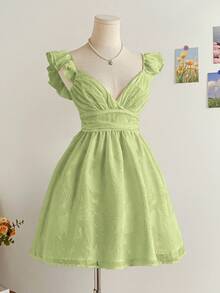 Soleia Women's Vacation Romantic Cutout Textured Fabric V-Neck Double Layer Flutter Sleeve Crisscross Back Mini Dress With Faux Pearl Embellishment, A-Line Silhouette, Suitable For Party, Valentine's Day, Date, Wedding, Afternoon Tea Light Green Dress Green Sundress Sage Dress Lime Green Dress Cottagecore Dress Sage Green Dress