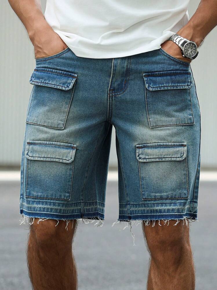 Manfinity Homme 男士休闲水洗牛仔工装短裤 - 藍色 - 查看 7