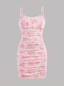 SHEIN Girlism Tween Girls Floral Print Mesh Double Layer Knitted Elastic Ruched Snug Fit Short Camisole Dress - Baby Pink - View 5