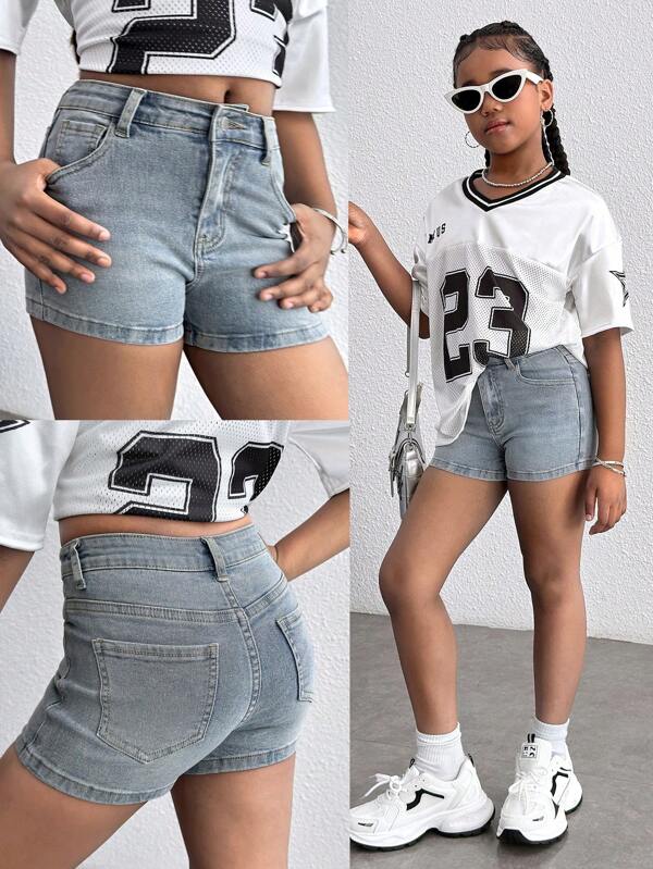 Tween Mädchen Sommer Y2k Stilvoller Boho Vintage Washed High Elasticity Skinny Hellblaue Jeans-Shorts, Für Tween-Mädchen-Kleidung, Mädchenkostüm, Alltagskleidung, Frühlings- und Sommerkleidung, Mädchen-Streetwear-Outfits und Urlaubsoutfits