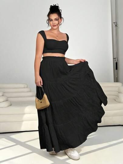 Solflare Plus Size Women Black Big Swing Hem Long Skirt