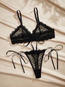 Charlaine French Minimalist Polka Dot Lace Trim Bralette & Panty Set For Women - Black - View 2