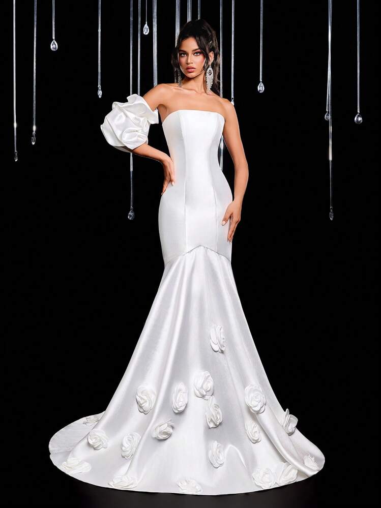 Glamrae Váy đuôi cá dài tay xẻ tà màu trắng thanh lịch tối giản, họa tiết hoa 3D thủ công, thích hợp cho lễ cưới - trắng - Xem 6