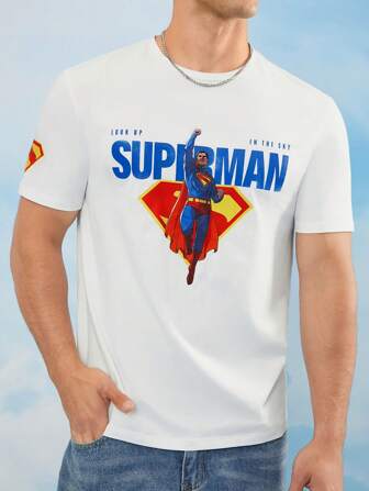 SUPERMAN 2025 Maglietta bianca casual da uomo a maniche corte con grafica di figure e lettere cartoni animati, estiva