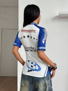 Flirla Women's Contrast Color Racing Car & Letter Print Front Zipper T-Shirt - White - View 2