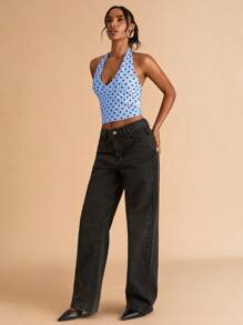 SHEIN BAE Áo ba lỗ hở vai in chấm bi đen thường ngày, thích hợp mặc khi ăn sáng, đi chơi, hẹn hò, đi làm, thường ngày, Ibiza - Màu xanh lam - Xem 3