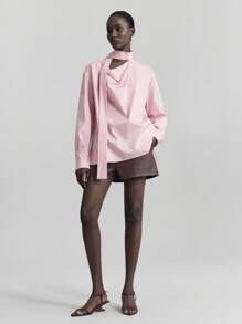 Ontre Modern Urban Style Minimalist Comfort Design Pink Women's Blouse, Long Sleeve Side Slit, Lapel Collar Blouse, Casual Daily/Commuting/Leisure Wear, Business Casual, 2025 New Arrival, Early Autumn - Pink - View 7