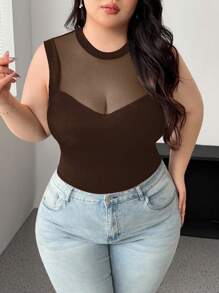 Vibekara Plus Size Mesh Sheer Sexy Net Patchwork Black Top T-Shirt - Brown - View 4