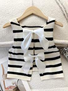 SHEIN 青少年女孩休闲针织圆领罗纹条纹蝴蝶结前开衫，返校季 - 白色 - 查看 4