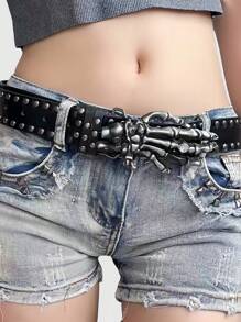 ROMWE Goth Punk Rivets Skull Belt, Street Fashion Unique Style, Unisex Waistband - Black - View 1