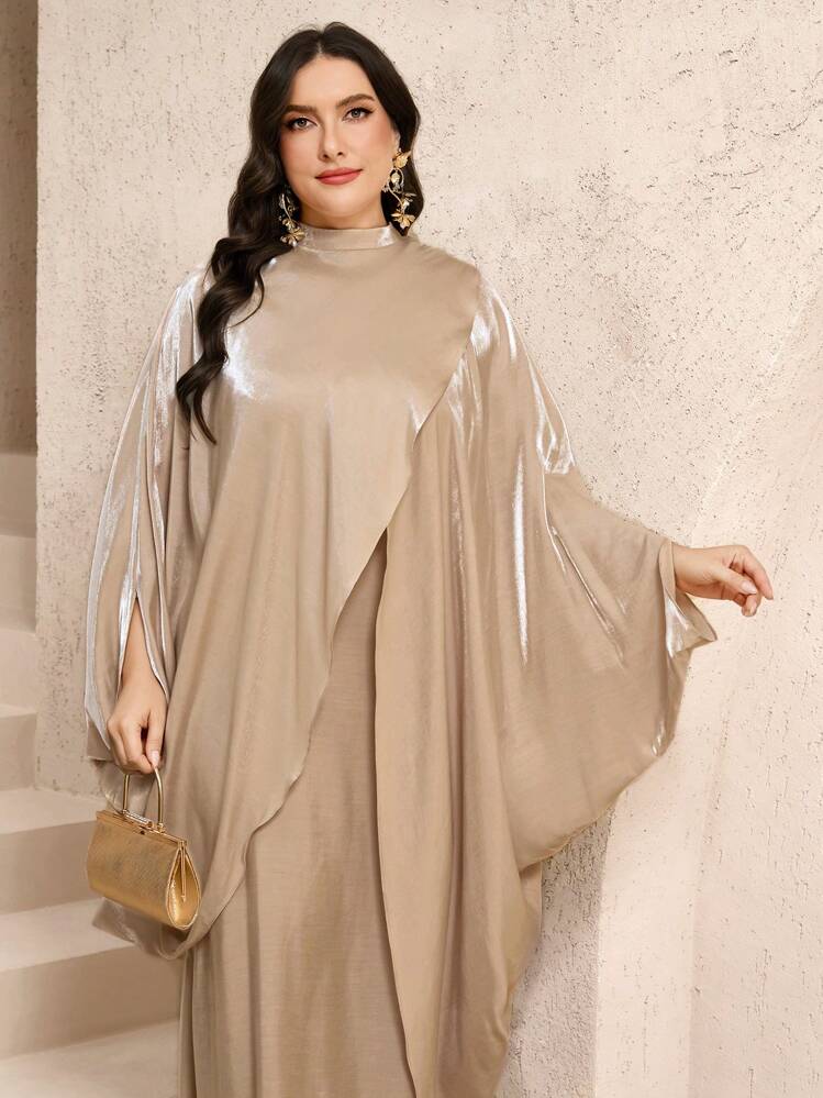 Veilorie Gaun Maxi Acara Istimewa Sederhana Saiz Besar Dalam Kolar Berdiri Emas Apricot Lengan Panjang Dan Pakaian Rekaan Kain Tenun Elegan Dengan Cape - Aprikot - Lihat 6